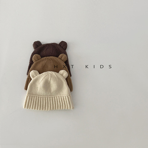 儿童针织帽纯色小熊洋气套头帽男童女童宝宝秋冬穿搭韩版百搭帽子