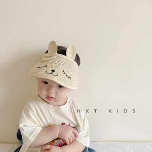 婴儿空顶草帽可爱超萌小兔子大帽檐防晒帽婴幼儿宝宝遮阳编织帽子