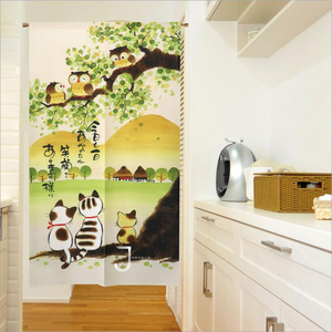 日式夏季布艺门帘家用门口遮挡半帘厨房卧室隔断半帘猫头鹰幸福猫