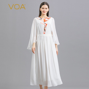 VOA30姆米重磅牛奶白纯色典雅古风印花质感软糯桑蚕丝真丝连衣裙