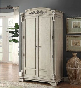 美式实木双门白色衣柜对开门卧室法式雕花收纳储物柜挂式衣橱定制