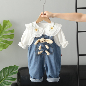 婴儿衣服女童春秋装韩版超洋气牛仔背带裤两件套6七8九个月女宝宝