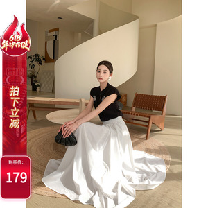 烈儿LRKS「D家白裙子」D家同款3米字优雅气质半身伞裙L41BSM119