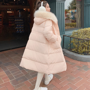 奶fufu粉色羽绒服女中长款冬季韩系温柔风抽绳收腰白鸭绒棉服外套