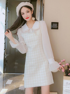 韩国代购长袖减龄白茶裙女2023年春季新款娃娃领名媛气质连衣裙子