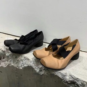 代购Uma Wang复古方头皮质芭蕾鞋单鞋交叉绑带中跟鞋经典百搭女鞋