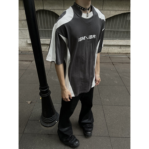 MaxDstr美式重磅设计拼接赛车风短袖T恤男女宽松潮牌嘻哈情侣上衣