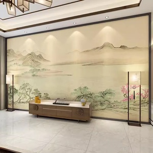 新中式暖色电视背景墙纸壁纸定制客厅古典山水墙布卧室影视墙壁布