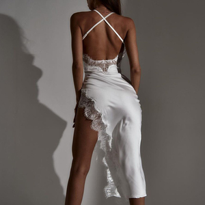 欧美时尚经典女装个性蕾丝拼接丝滑吊带露背花边连衣裙白色开衩裙