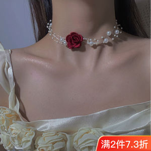 复古玫瑰花珍珠锁骨链法式仙气花朵鱼线颈链浪漫性感优雅少女项链