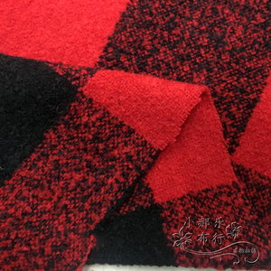 红黑格子羊毛圈圈呢布料双面粗纺花毛呢秋冬大衣外套服装搭配面料