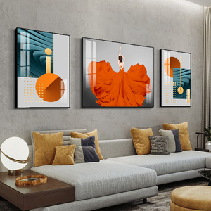 客厅装饰画现代简约沙发背景墙挂画橙橘色人物三联画时尚轻奢壁画