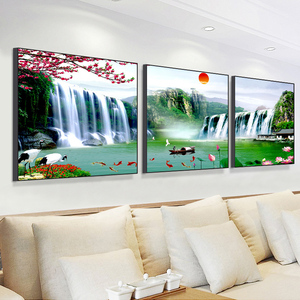 客厅装饰画三联沙发背景墙壁挂画高档冰晶玻璃流水生财山水风景画