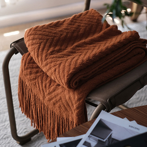 新款时尚流苏针织毛毯子床尾巾沙发盖毯样板间床边搭毯橙色橘红色