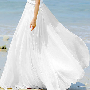 雪纺半身裙白色双层轻飘夏季新款海边复古百搭打底大裙摆公主长裙