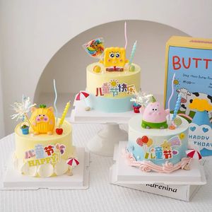 61儿童节快乐蛋糕装饰摆件海绵宝宝雨丝插件幼儿园小朋友祝福卡片