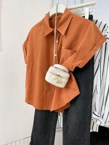 橙色刺绣翻领正肩短袖衬衫女夏季设计感小众Polo衬衣休闲宽松上衣