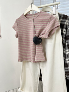 粉色条纹纯棉正肩短袖t恤女夏季夏设计感小众小个子体恤短款上衣