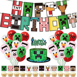 我的世界Minecraft拉旗气球蛋糕插套装 像素游戏主题生日派对装饰