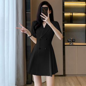 黑色西装连衣裙女夏短袖2024新款高级感工作服职业气质小个子裙子