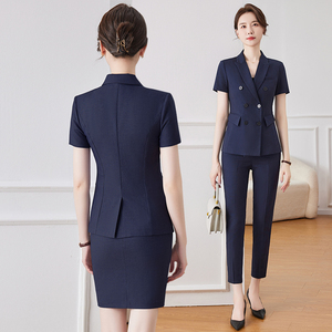 深蓝色职业西装套装女2024新款高端公务员面试正装夏薄款短袖西服