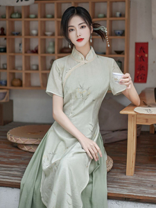 新中式女装禅意中国风连衣裙茶服茶艺师服装套装改良旗袍日常夏季