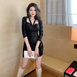 韩国春装新款夜店性感女镂空挂脖修身包臀连衣裙矮个子裙子