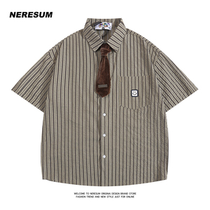 Neresum学院风条纹领带短袖衬衫女2024夏季新款小个子复古上衣tee