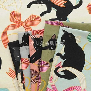 日本进口QUILT GATE黑猫和缎带复刻烫金和风和服装日式纯棉拼布料