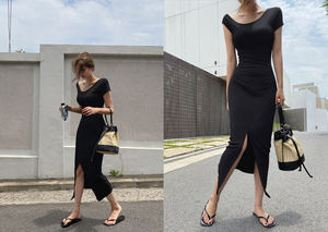 现货斜领露肩黑裙子夏天2020夏季新款韩版气质中长款连衣裙
