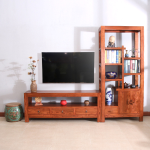 2.5米全实木博古架电视柜组合墙柜背景一体置物架音响高柜花梨色