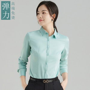 绿色衬衫女高级感2024新款春季免烫长袖工作服竹纤维弹力职业衬衣