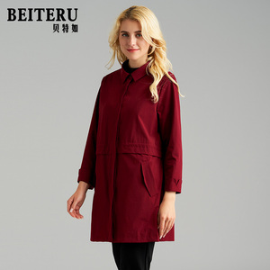 贝特如妈妈装外套春新款收腰抽绳女时尚宽松中长款红色风衣EL