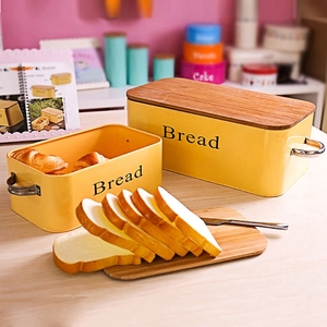 简约北欧镀锌铁大号长方形竹盖面包箱客厅桌面整理零食黄色收纳盒