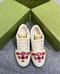 GUCCI/古琦 2023秋冬 白色拼色格纹系带女士平底运动休闲鞋 代购