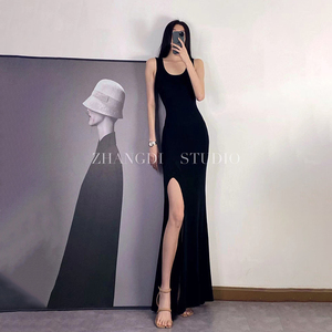DZ Studio2024黑色背心款连衣裙欧美风显身材侧开叉落地气质长裙