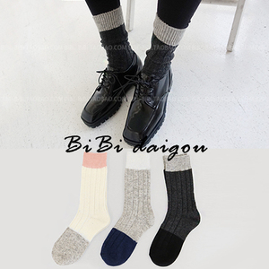 满68元包邮 韩国代购条纹拼色女士韩版袜子堆堆袜针织羊毛袜JJ29