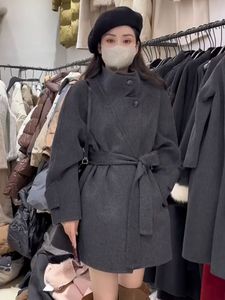 双面羊绒大衣女中长款秋冬系带立领单排扣修身小个子羊毛呢子外套
