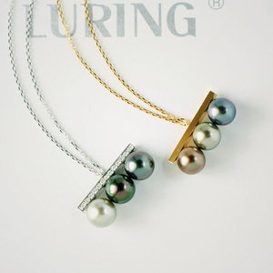 『薇家』T设计三珠平衡.高品质大溪地海水珍珠8-9mm18K金镶钻项链