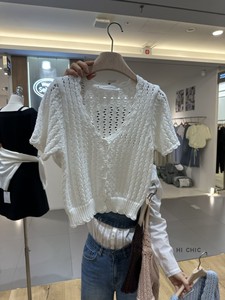 韩国东大门代购春季BELIEVE MOMENT短袖开衫气质超仙甜美针织衫