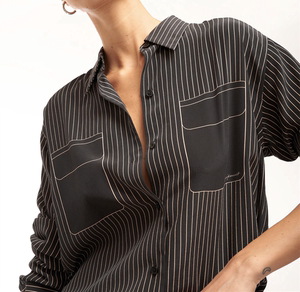 秋季推荐23新品EQ黑色条纹大口袋印花100%真丝宽松长袖衬衫女