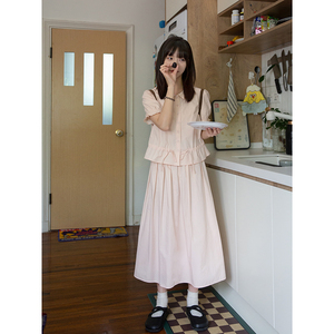奶兔星球-自制 "苏州河"粉色娃娃领抽绳短袖衬衫女长款半身裙套装