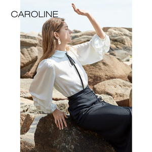 CAROLINE卡洛琳春季新款系带抽褶袖白色衬衫