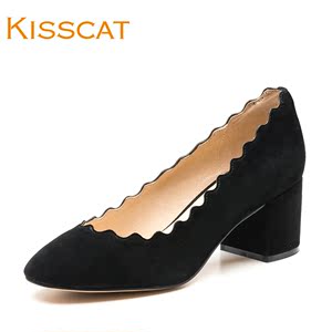 KISSCAT接吻猫新款尖头方粗跟女鞋大气羊反绒浅口单鞋女