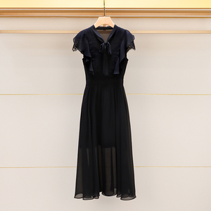 卓雅法式黑色设计感蕾丝雪纺连衣裙女2024夏季新款轻熟风无袖长裙