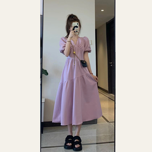 高级感紫色连衣裙女夏季2023新款法式泡泡袖收腰显瘦V领a字长裙