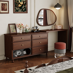 法式复古实木化妆桌可伸缩卧室床尾猫窝斗柜一体小户型转角梳妆台