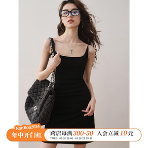 ron法式修身黑色吊带连衣裙2024夏季新款高级感细肩带气质收腰裙T