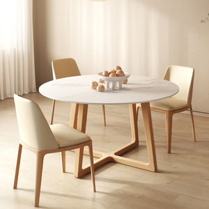 北欧实木圆形餐桌亮光岩板转盘洽谈桌设计师款白色原木色圆桌家用
