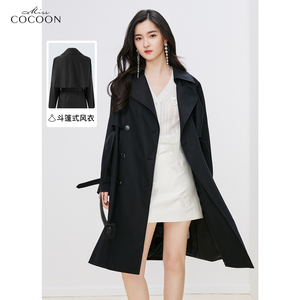 MISSCOCOON高级黑色风衣外套女2024新款春季英伦风时尚中长款大衣